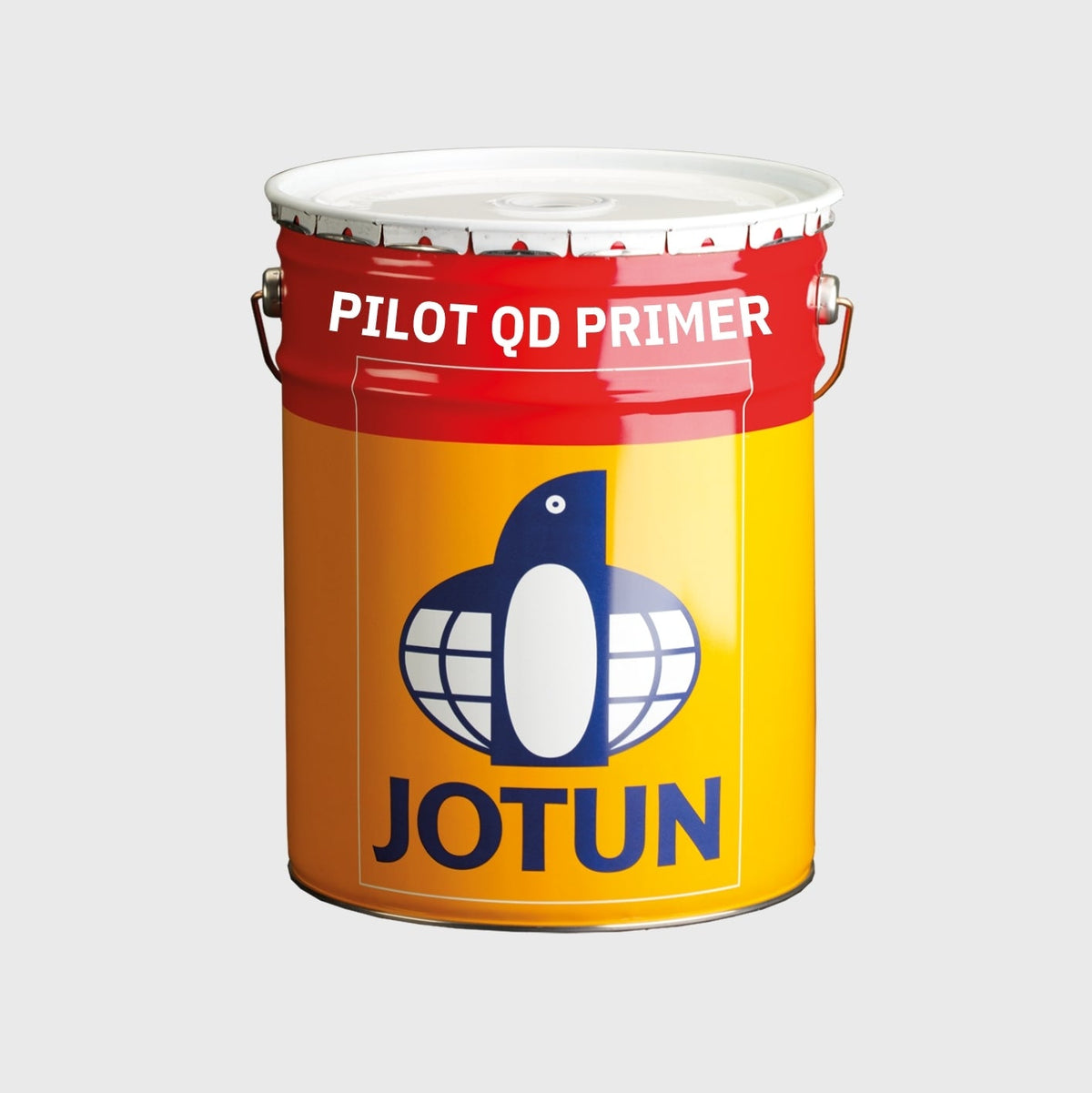 A red and yellow tin of Jotun Pilot QD Primer featuring the Jotun penguin branding.