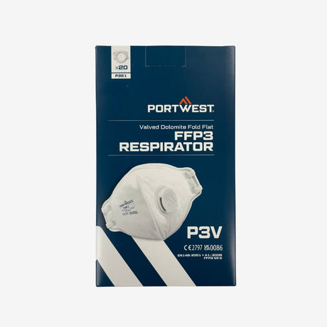 Box packaging for Portwest Valved Dolomite Fold Flat FFP3 Respirator showing P3V branding